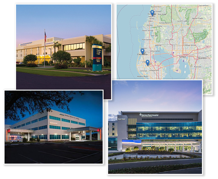 Photo collage showing three hospitals and map of locations